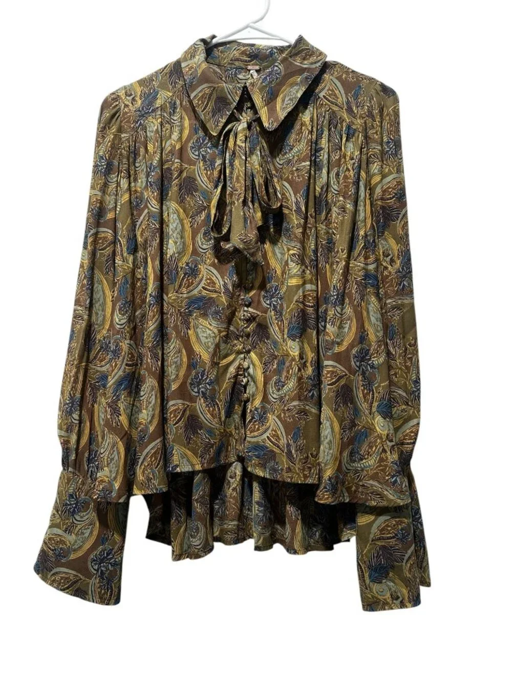Free People Paisley Pleated Top Women Small Green Collared Tie Long Sleeve Flowy - Picture 3 of 16